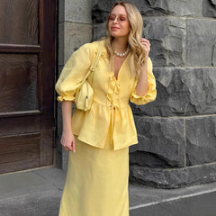 Pleated Lace-up Top Puff Sleeve Skirt - Bless Charm