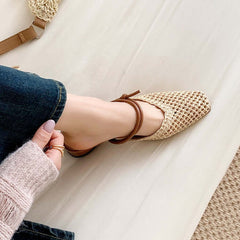 Women's French Style Square Toe Outdoor Hollow-out Breathable Retro Thick Heel Toe Box Half Slippers