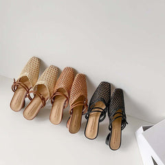 Women's French Style Square Toe Outdoor Hollow-out Breathable Retro Thick Heel Toe Box Half Slippers