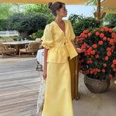 Pleated Lace-up Top Puff Sleeve Skirt - Bless Charm