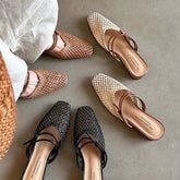 Women's French Style Square Toe Outdoor Hollow-out Breathable Retro Thick Heel Toe Box Half Slippers