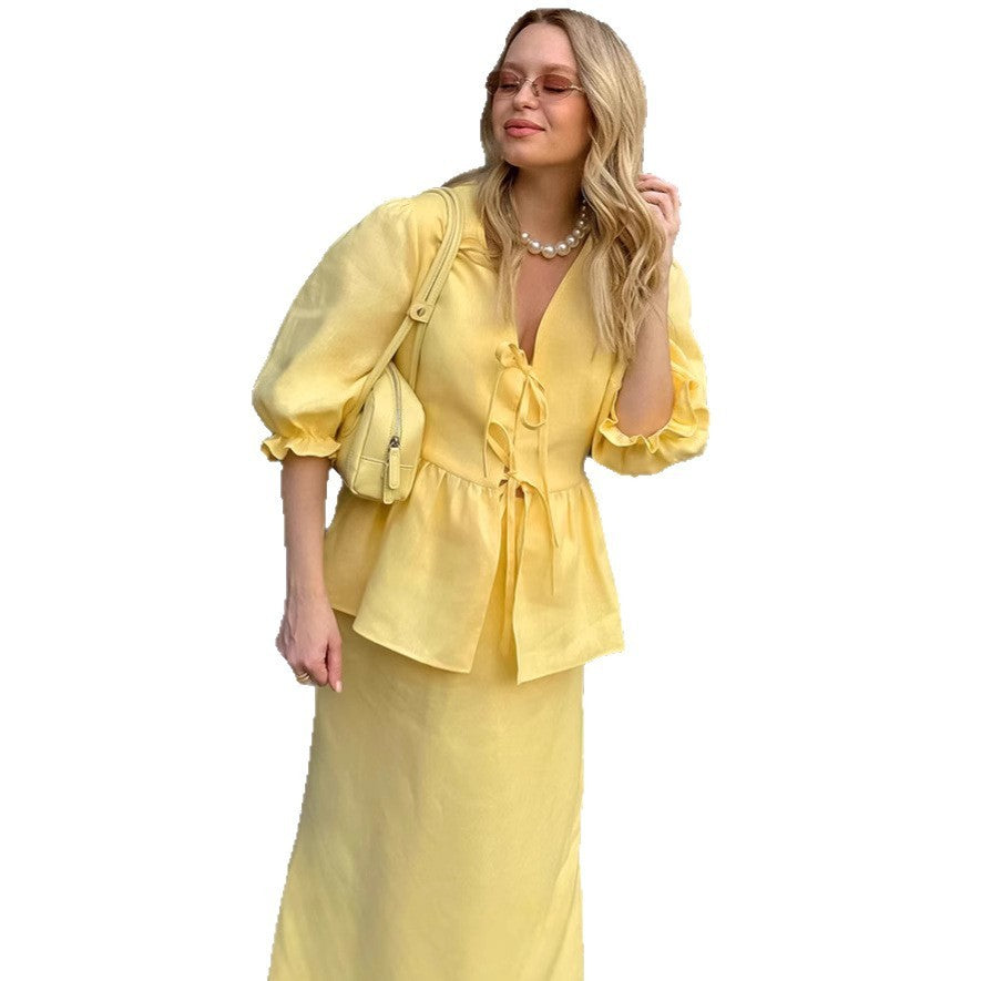 Pleated Lace-up Top Puff Sleeve Skirt - Bless Charm
