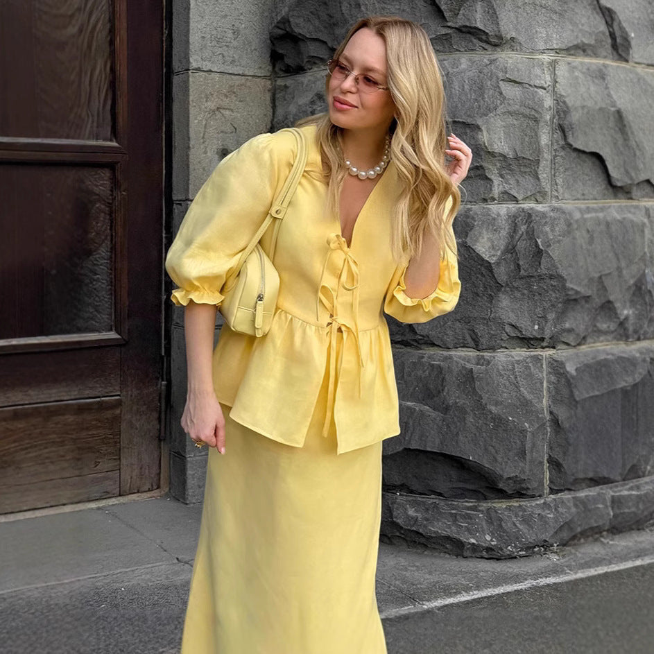 Pleated Lace-up Top Puff Sleeve Skirt - Bless Charm