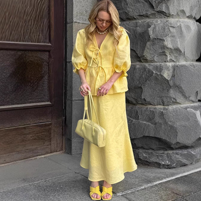 Pleated Lace-up Top Puff Sleeve Skirt - Bless Charm