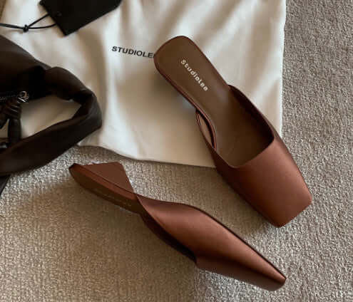 French Style Square Toe Low-cut Silk Satin Triangle Heel Muller Sandals