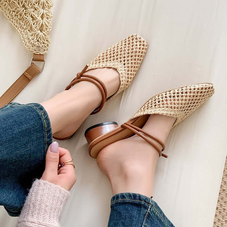 Women's French Style Square Toe Outdoor Hollow-out Breathable Retro Thick Heel Toe Box Half Slippers