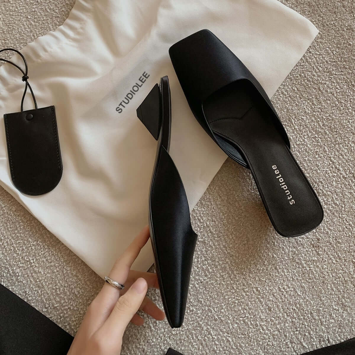 French Style Square Toe Low-cut Silk Satin Triangle Heel Muller Sandals