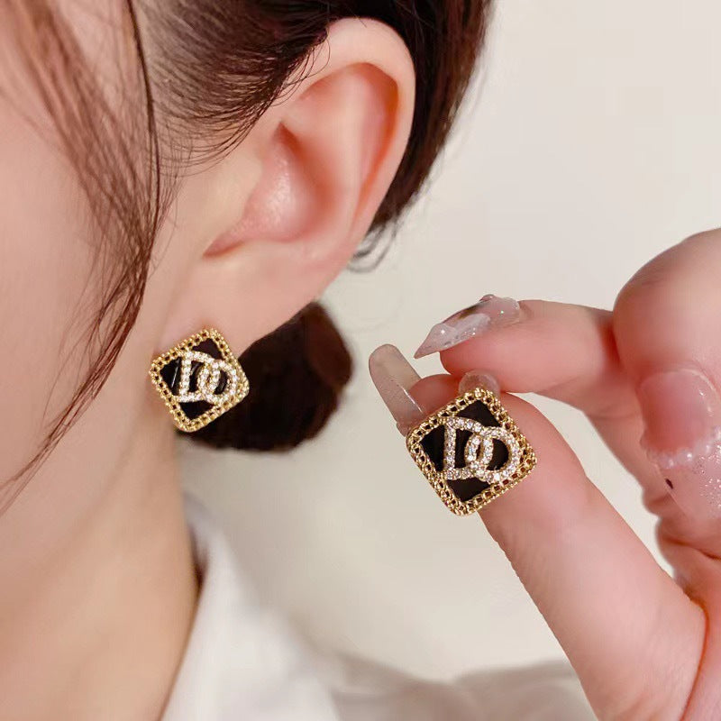 S925 Silver Needle Black Square Letter Earrings - Premium Jewellery from Bless Charm - Just $20.55! Shop now at Bless Charm