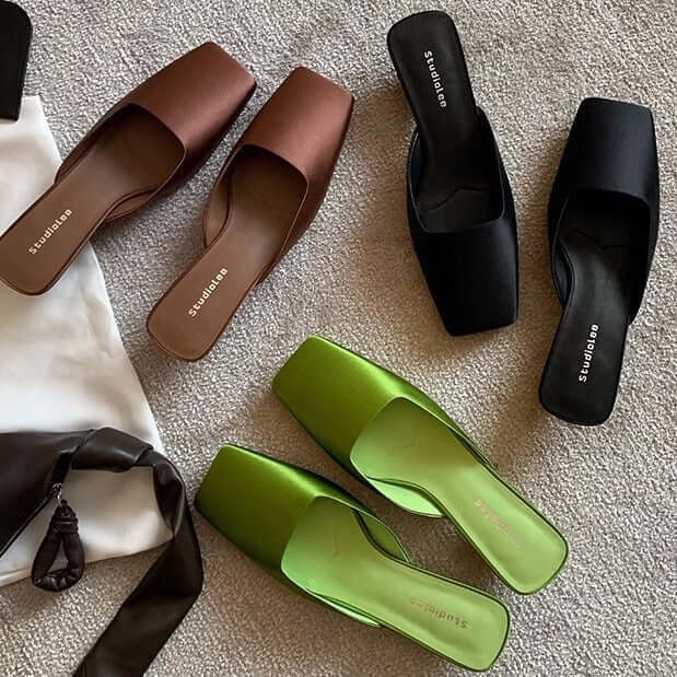 French Style Square Toe Low-cut Silk Satin Triangle Heel Muller Sandals