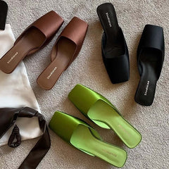 French Style Square Toe Low-cut Silk Satin Triangle Heel Muller Sandals