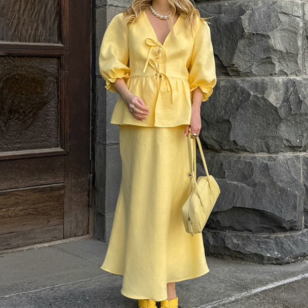 Pleated Lace-up Top Puff Sleeve Skirt - Bless Charm